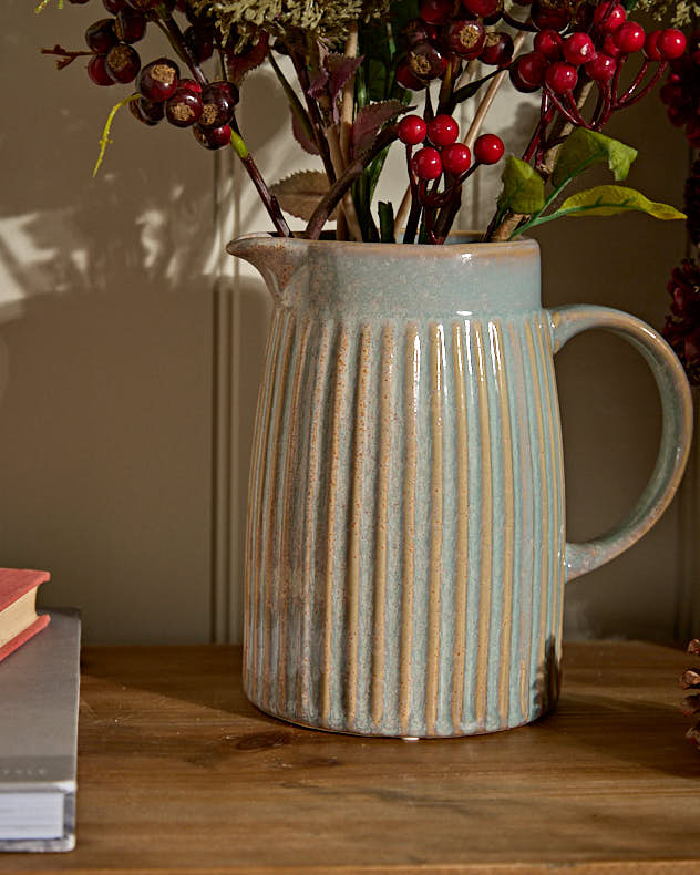 Small Ribbed Blue Pitcher Jug Vase