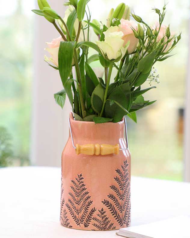 Fern Leaf Pink Milk Churn Flower Vase