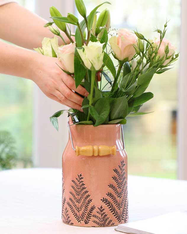 Fern Leaf Pink Milk Churn Flower Vase