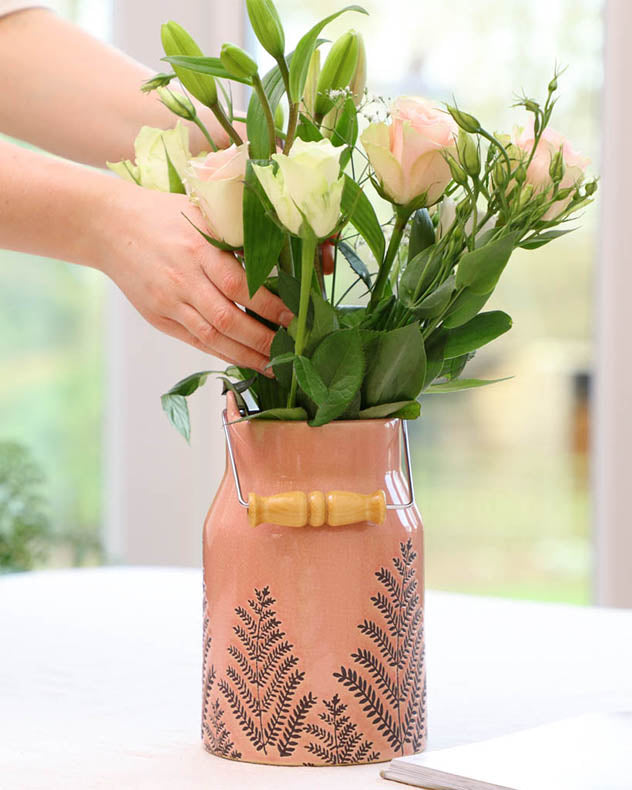 Fern Leaf Pink Milk Churn Flower Vase