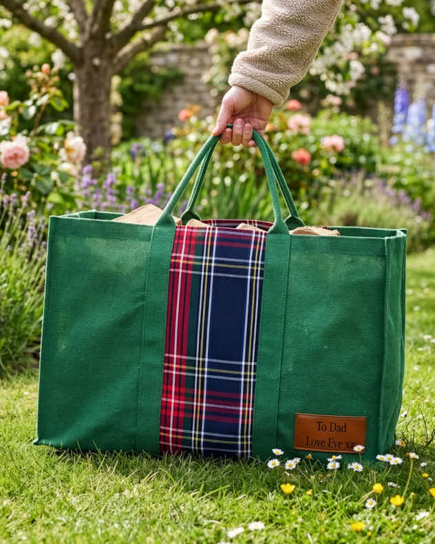 Fire Log Baskets - Personalised Green Tartan Jute Log Fire Bag