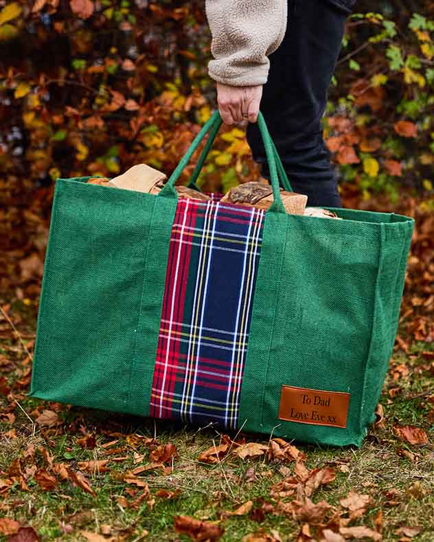 Personalised Green Tartan Jute Log Fire Bag