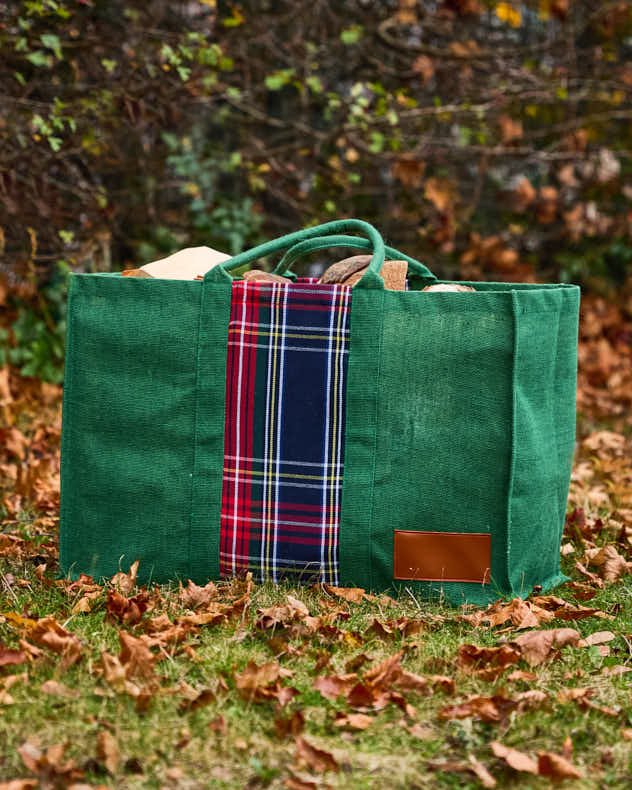 Fire Log Baskets - Green Tartan Jute Log Fire Bag