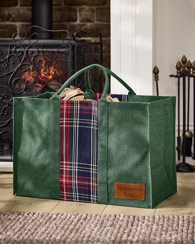 Fire Log Baskets - Personalised Green Tartan Jute Log Fire Bag
