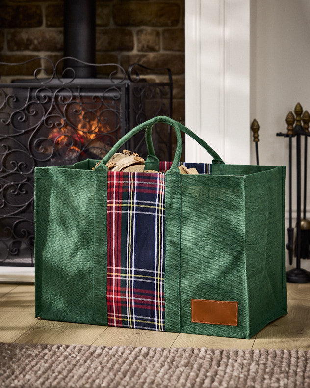 Fire Log Baskets - Green Tartan Jute Log Fire Bag