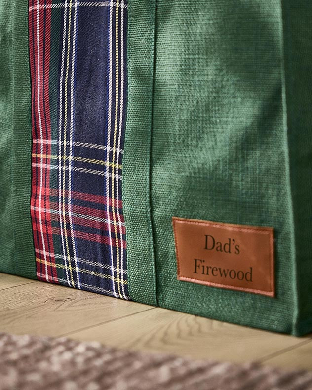 Fire Log Baskets - Personalised Green Tartan Jute Log Fire Bag