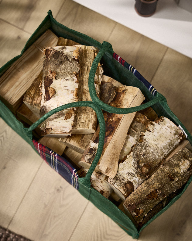 Fire Log Baskets - Personalised Green Tartan Jute Log Fire Bag