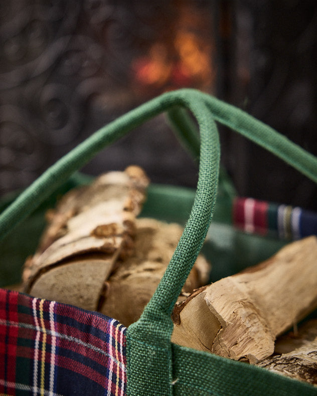Fire Log Baskets - Personalised Green Tartan Jute Log Fire Bag
