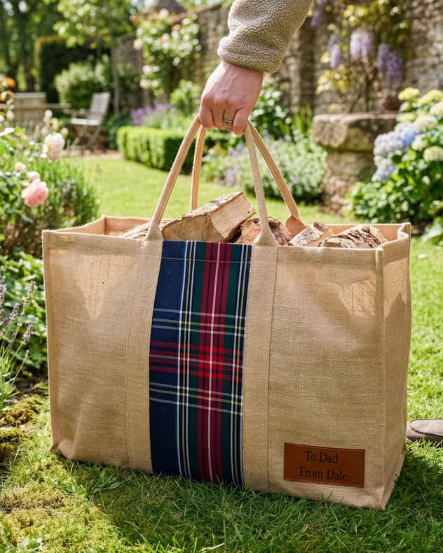 Natural Jute Log & Coal Storage - Personalised Natural Tartan Jute Log Carrier