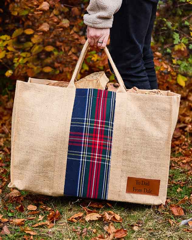 Personalised Natural Tartan Jute Log Carrier