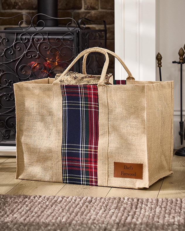 Personalised Natural Tartan Jute Log Carrier