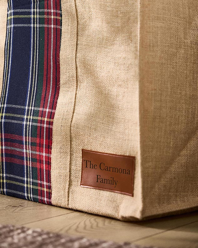 Log &amp; Coal Storage - Personalised Natural Tartan Jute Log Carrier