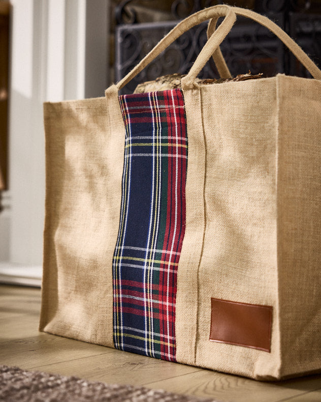 Log &amp; Coal Storage - Natural Tartan Jute Log Carrier