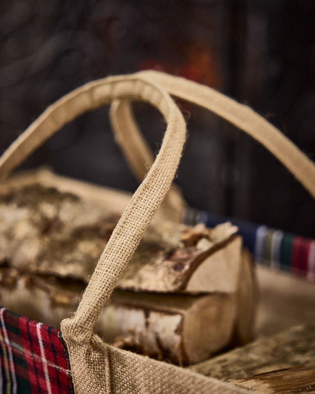 Log &amp; Coal Storage - Personalised Natural Tartan Jute Log Carrier