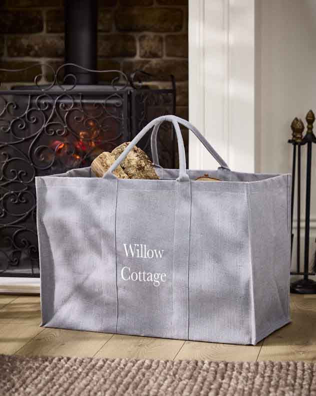 Log & Coal Storage - Personalised Large Grey Jute Log Carrier