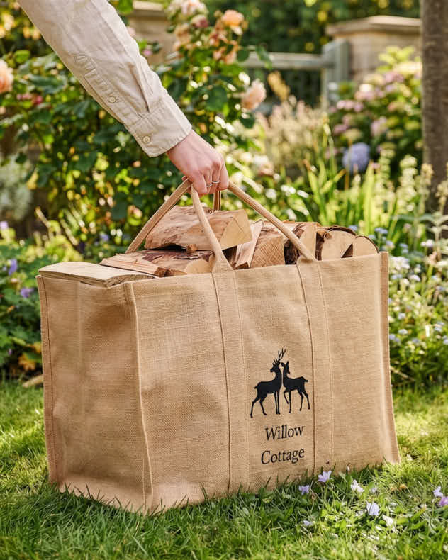 Natural Jute Log & Coal Storage - Personalised Natural Deer Jute Log Carrier