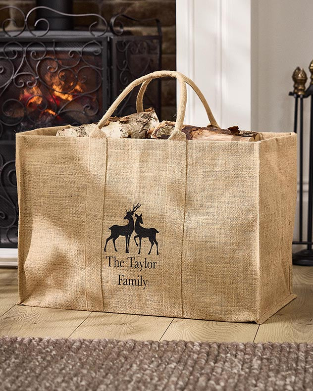Log & Coal Storage - Personalised Natural Deer Jute Log Carrier