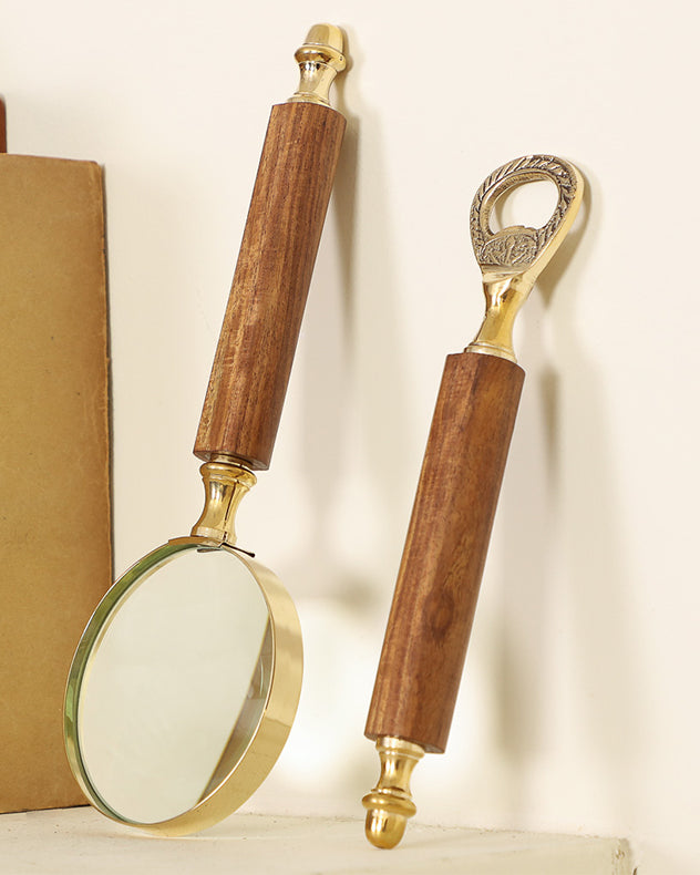 Compton Wood Handle Brass Magnifying Glass and Bottle Opener