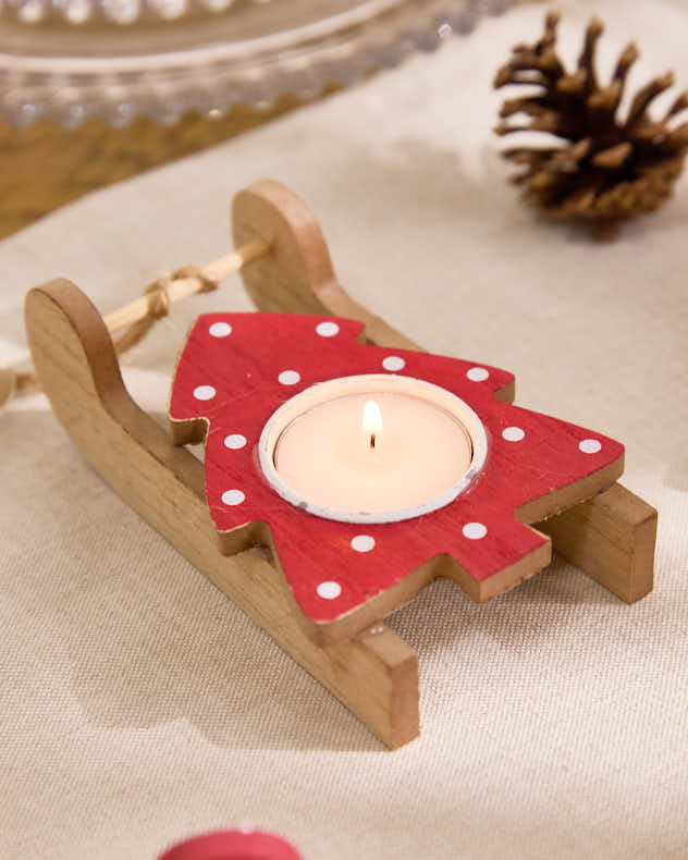 Set of 3 Red Wooden Sled Tealight Holders