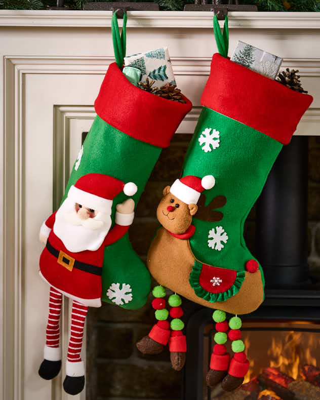 Santa Red & Green & White  Stockings - Christmas Character Hanging Legs Stocking