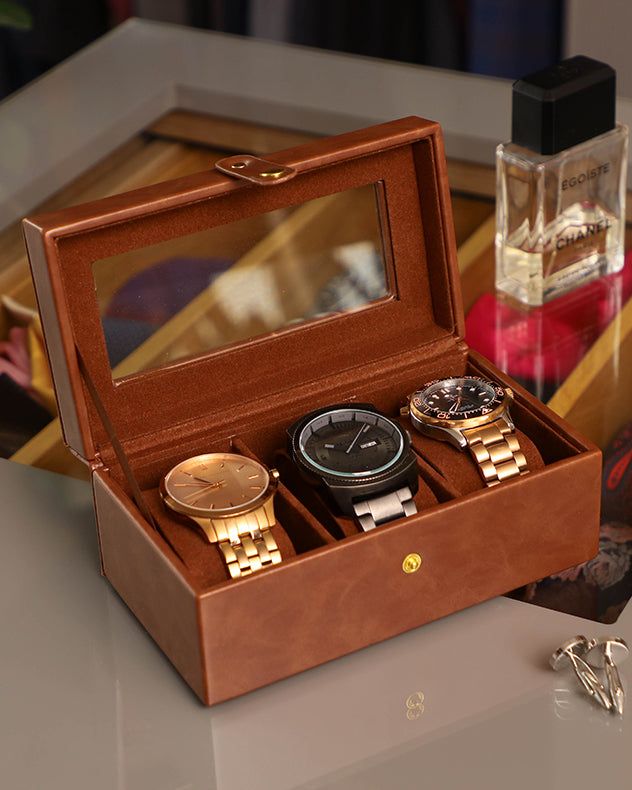 Three Section Brown Watch Box