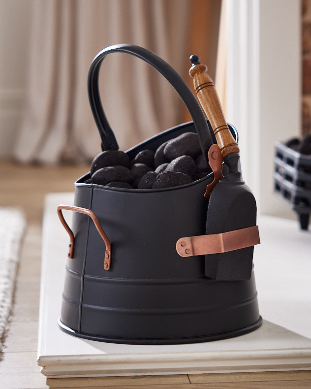 Copper Recycled Iron Log & Coal Storage - Black & Copper Coal Bucket with Scoop