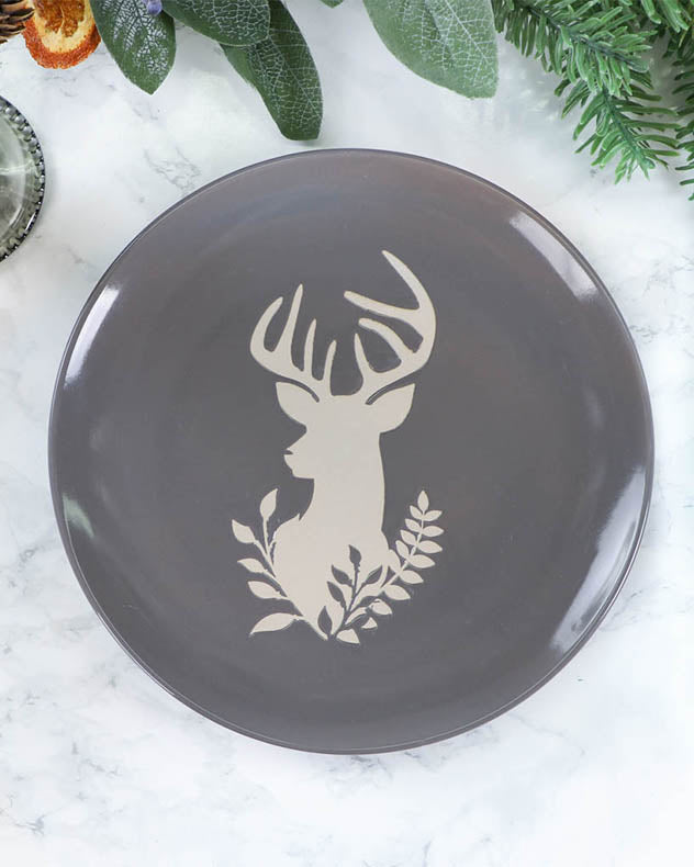 Set of 4 Grey Stoneware Reindeer Side Plates Dibor