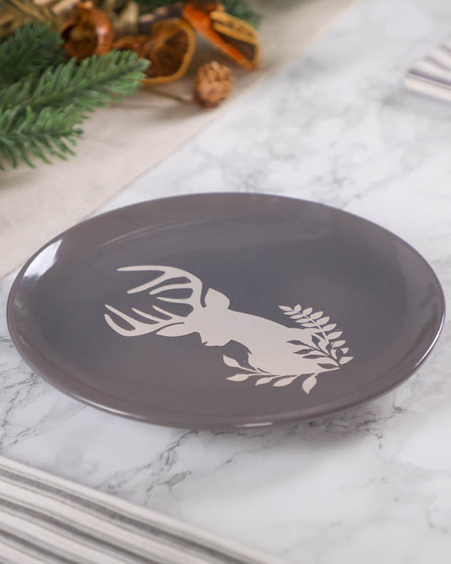 Set of 4 Grey Stoneware Reindeer Side Plates