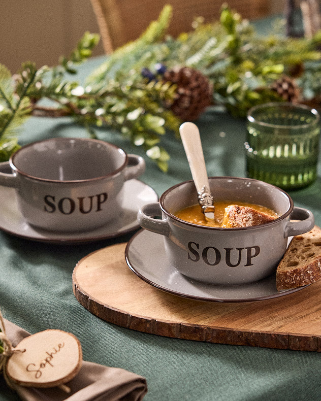 4 Piece Grey Soup Bowl &amp; Plate Set