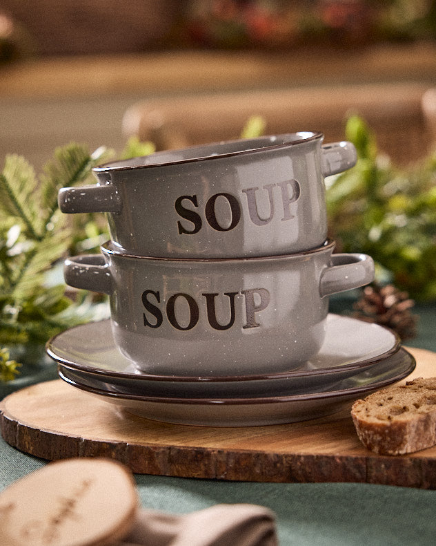 4 Piece Grey Soup Bowl &amp; Plate Set