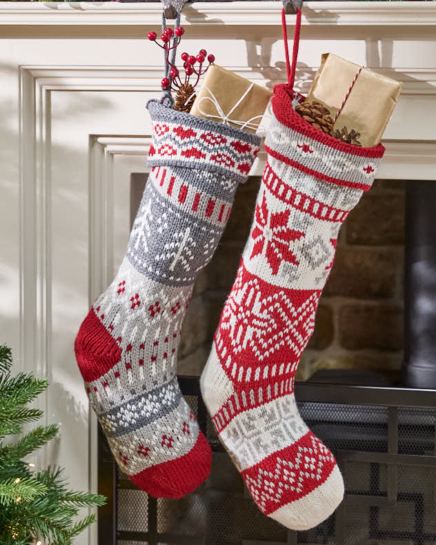 Grey Red & Grey Poly blend fabric Stockings - Traditional Fair Isle Knitted Stocking