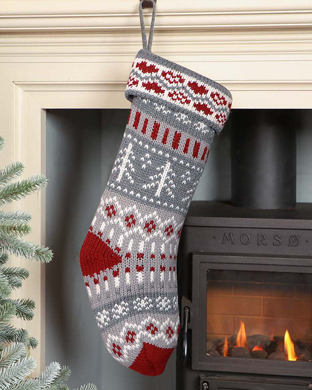 Knitted Fair Isle Christmas Stocking Extra Large Grey, Red & White Knit Festive Gift Sack with Traditional Nordic Style Designs