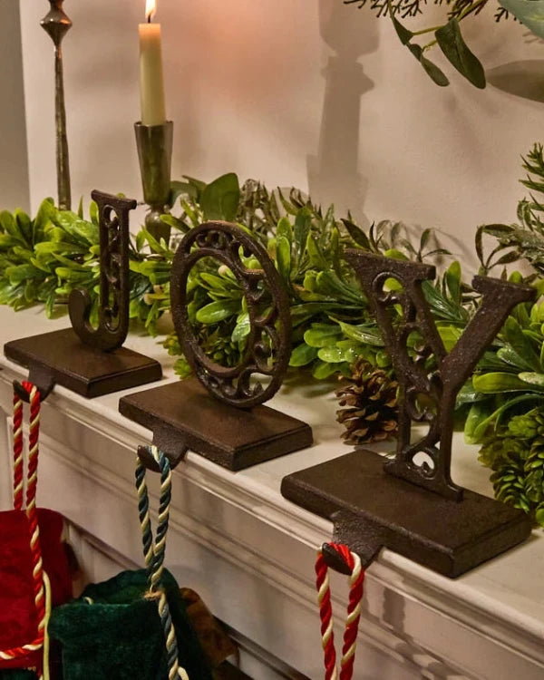 Brown Recycled Iron Stocking Holders - JOY Set of 3 Christmas Stocking Holders