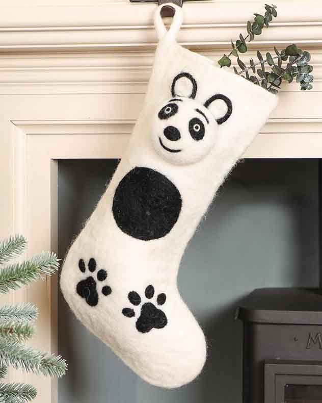 White & Black Wool Stockings - Fair Trade Woolly Panda Christmas Stocking