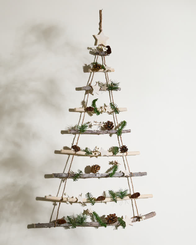 White & Brown & Green Wood & Pinecone & Plywood & Plastic Christmas Decorations - Winter Sparkle Christmas Tree Ladder