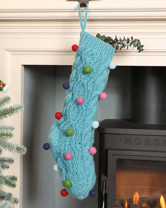 Fairtrade Wool Knitted Christmas Stocking Knitted Pom Pom Hand Crafted Xmas Gift Present Sack Hanging Mantelpiece Decoration