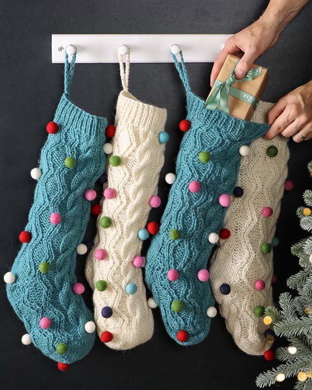 Fairtrade Wool Knitted Christmas Stocking Knitted Pom Pom Hand Crafted Xmas Gift Present Sack Hanging Mantelpiece Decoration