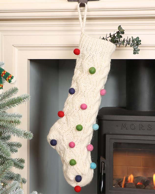 Fairtrade Wool Knitted Christmas Stocking Knitted Pom Pom Hand Crafted Xmas Gift Present Sack Hanging Mantelpiece Decoration