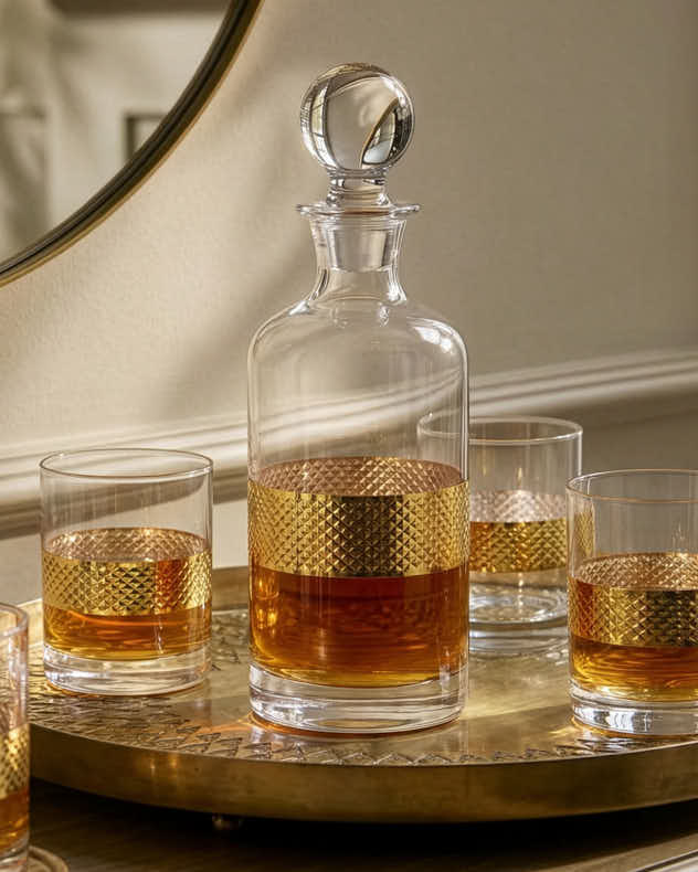 Clear & Gold Glass Decanters - Diamond Embossed Gold Decanter