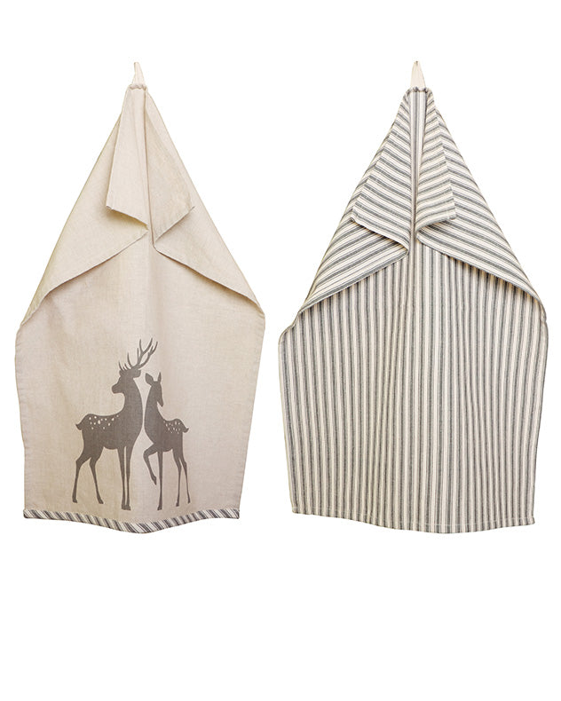 Set of 2 Grey Stripe Deer Tea Towels