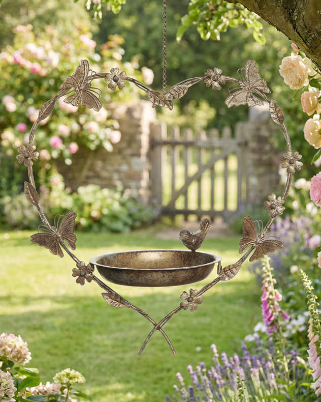 Bronze Recycled Iron Bird Feeders - Butterfly Hanging Heart Bird Feeder