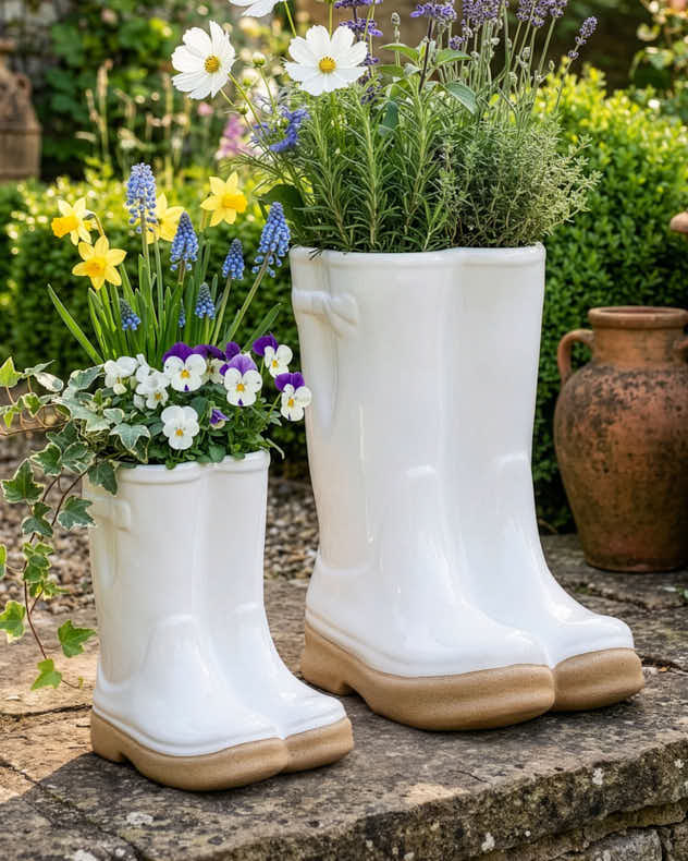 Pots & Planters Large - White Wellington Boot Planters