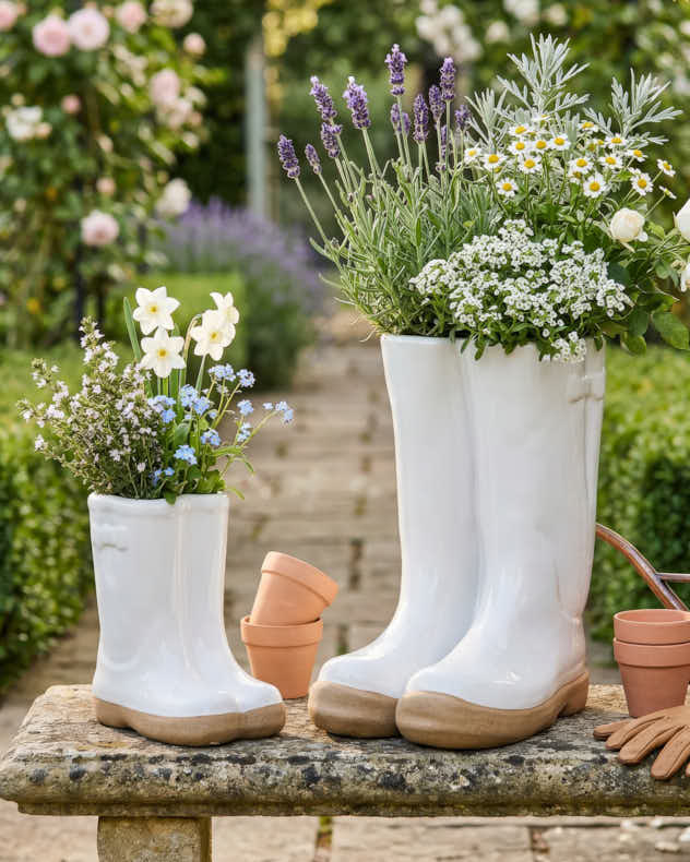Pots &amp; Planters - Little and Large White Welly Pot Planters