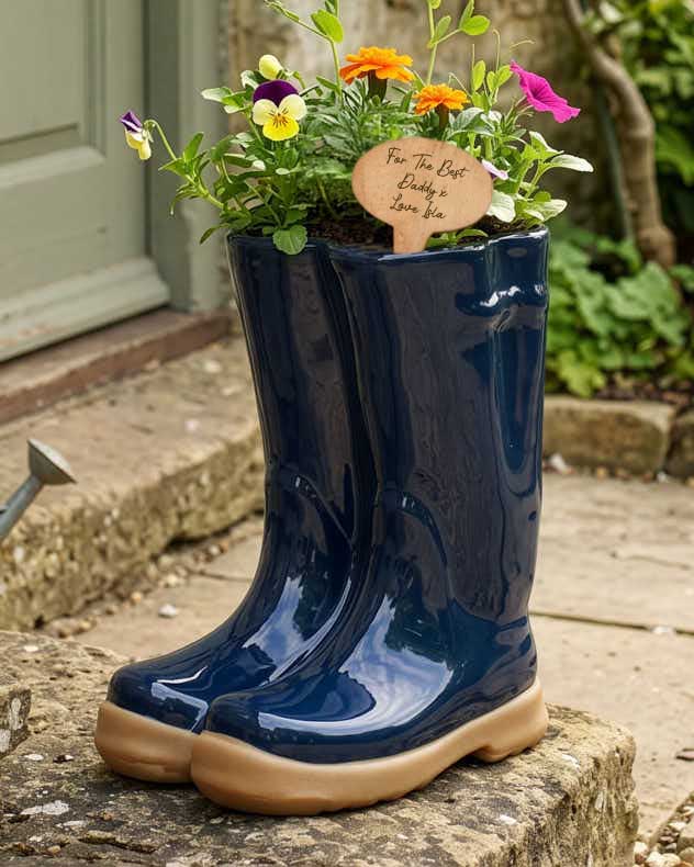 Dark Blue Welly Boot Planter with Personalised Marker