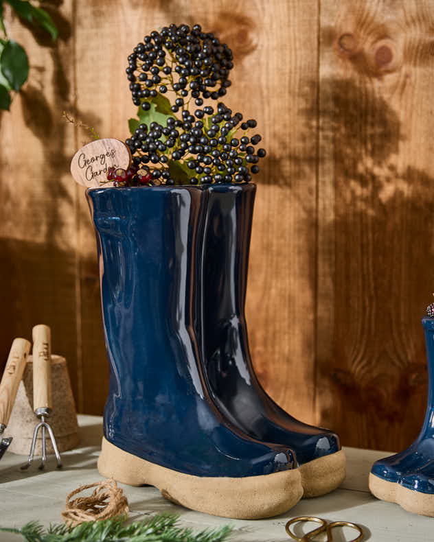 Dark Blue Welly Boot Planter with Personalised Marker