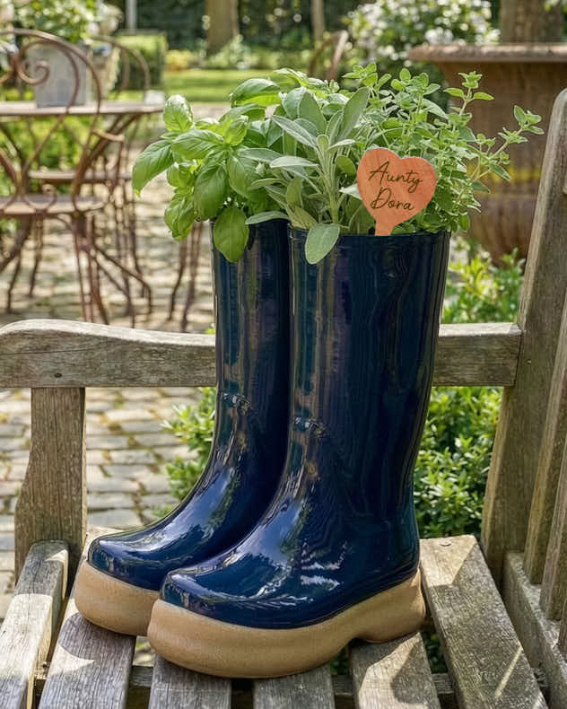 Dark Blue Welly Boot Planter with Personalised Marker