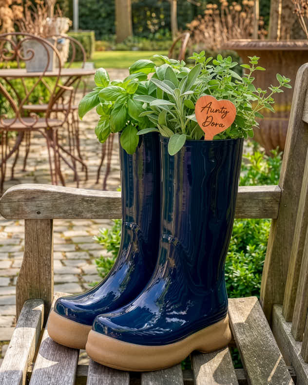 Large Dark Blue Welly Planter with Personalised Marker Gift