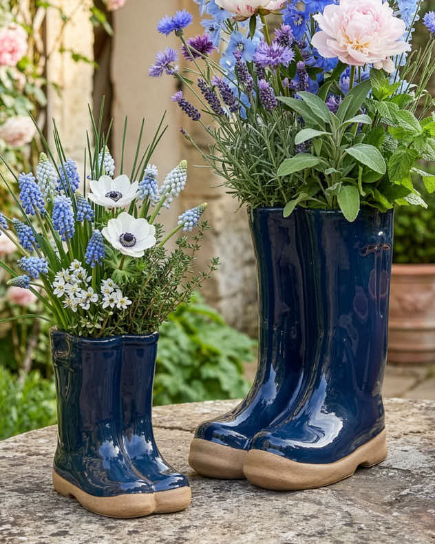 Little & Large Dark Blue Welly Boots Planter Set