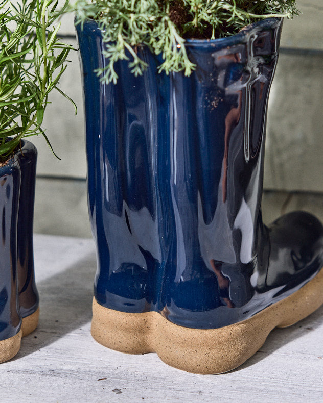 Pots &amp; Planters - Little &amp; Large Dark Blue Welly Boots Planter Set