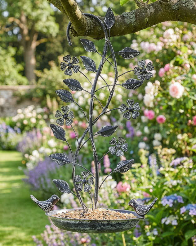 Grey Recycled Iron Bird Feeders - Ornate Hanging Bird Feeder Dish